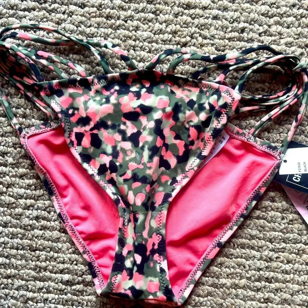 Camo bikini bottom with strappy sides and front.